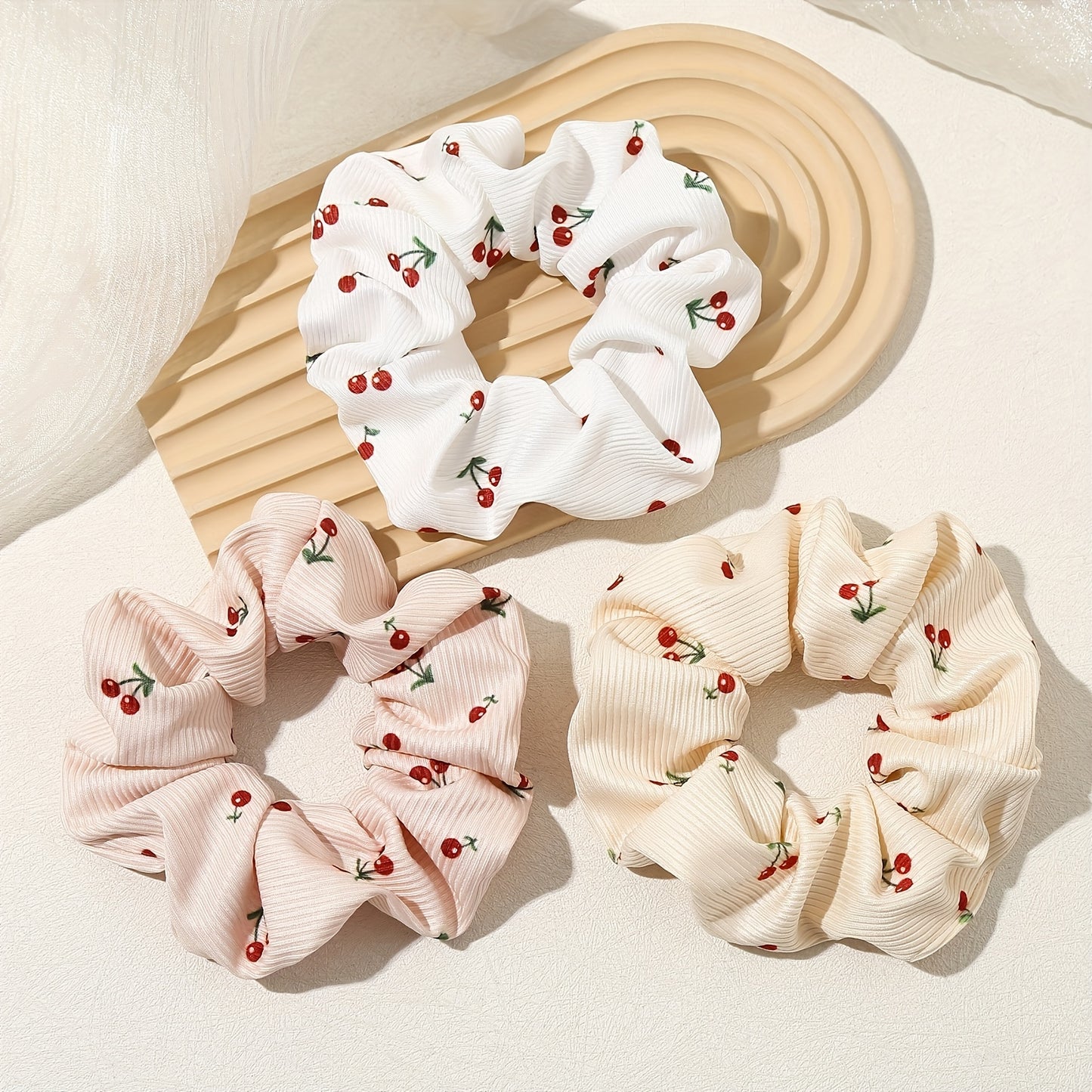 Pack of 3 Women's Cloth Hair Rings - Cute Minimalist Style Cherry Print Hair Ring - Elastic Hair Ring for Ponytails and Buns, Lovely Hair Accessory Essential for Women