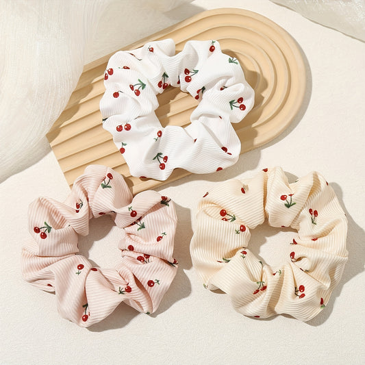 Pack of 3 Women's Cloth Hair Rings - Cute Minimalist Style Cherry Print Hair Ring - Elastic Hair Ring for Ponytails and Buns, Lovely Hair Accessory Essential for Women