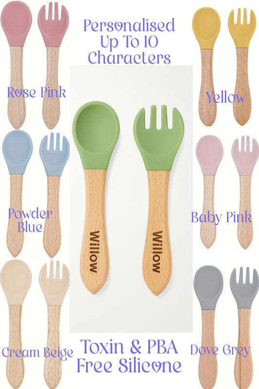 Personalised Weaning Cutlery Set | Baby Toddler Spoon and Fork Set | Baby Weaning | Weaning Gift Set | UK Made | Wood and Silicone |