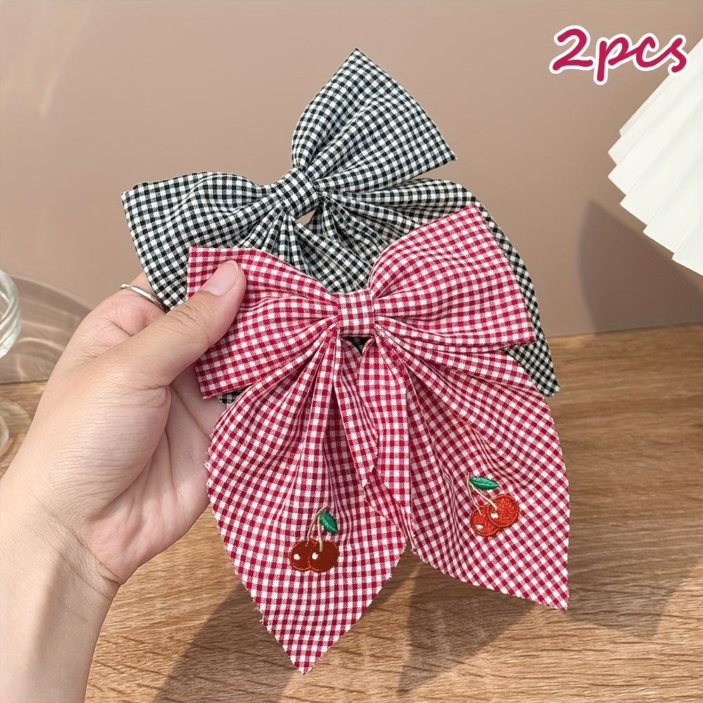 2 Pack Girls Strawberry & Cherry Oversized Bow Hair Clips for Girls Handmade Embroidered Cherry and Strawberry Bow Hair Barrettes Bow Hair Accessories for Girls