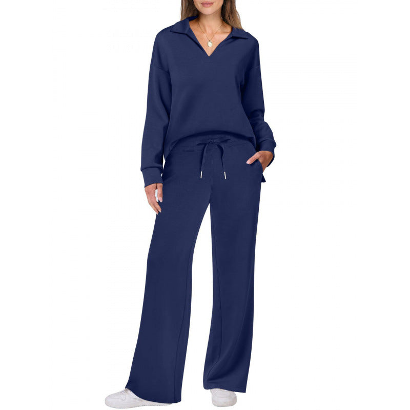 Comfy Warm Loungewear Set Two Piece Womens Leisure Wear Set Women's Tracksuit Sports Suit V-neck Long-sleeved Pullover Top And Drawstring Straight-leg Trousers Casual Solid Trousers Set