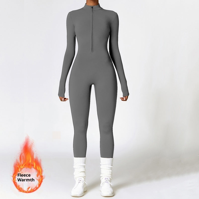 Women's Sporty Tight-Fit Long Sleeve Workout Jumpsuit, Plain Pattern, Fleece Lined, Half Zipper Design, Fall & Winter, Warm Sports Wear, Warm Jumpsuit, Winter Clothing, Winter Fleece-lined Yoga Jumpsuit Long Sleeve Warm
