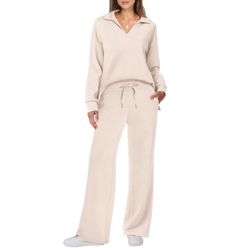 Comfy Warm Loungewear Set Two Piece Womens Leisure Wear Set Women's Tracksuit Sports Suit V-neck Long-sleeved Pullover Top And Drawstring Straight-leg Trousers Casual Solid Trousers Set