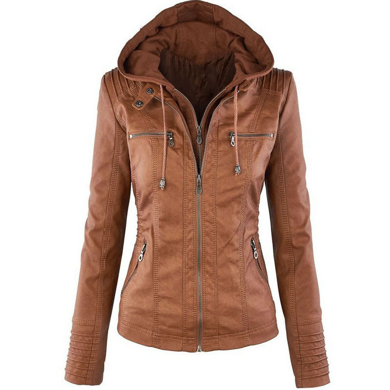 Women's Viral On Trend Faux Leather Hooded Biker Jacket Fashion Detachable Hooded Jacket With Pockets Casual Solid Color Zipper Long Sleeve Leather Coat Autumn Winter Women's Clothing