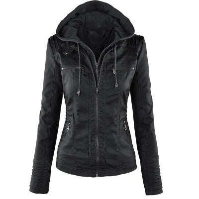 Women's Viral On Trend Faux Leather Hooded Biker Jacket Fashion Detachable Hooded Jacket With Pockets Casual Solid Color Zipper Long Sleeve Leather Coat Autumn Winter Women's Clothing