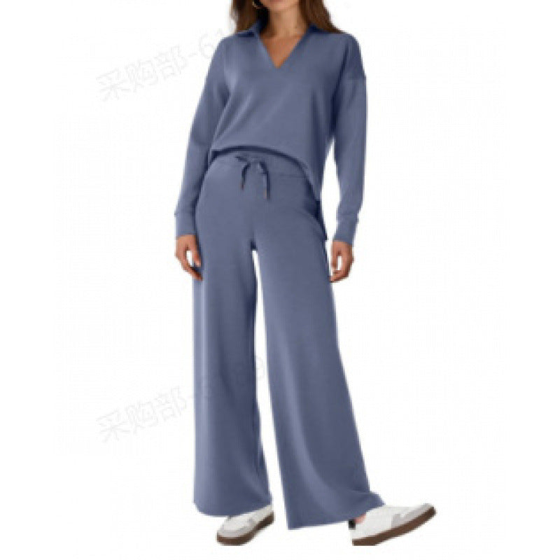 Comfy Warm Loungewear Set Two Piece Womens Leisure Wear Set Women's Tracksuit Sports Suit V-neck Long-sleeved Pullover Top And Drawstring Straight-leg Trousers Casual Solid Trousers Set