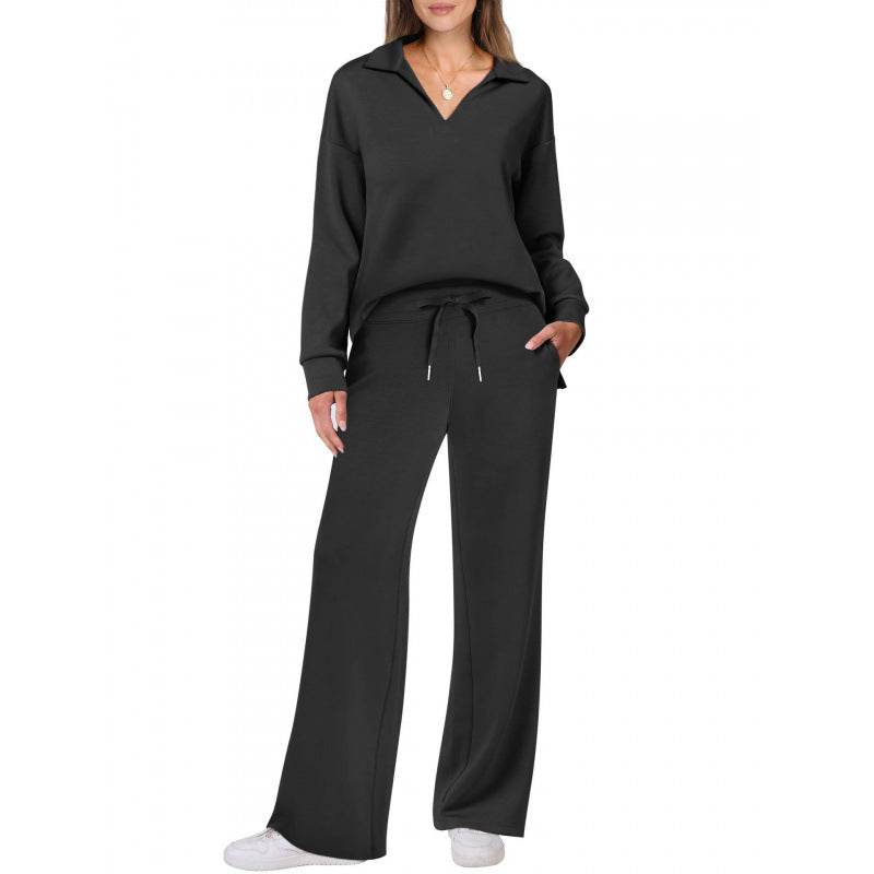 Comfy Warm Loungewear Set Two Piece Womens Leisure Wear Set Women's Tracksuit Sports Suit V-neck Long-sleeved Pullover Top And Drawstring Straight-leg Trousers Casual Solid Trousers Set