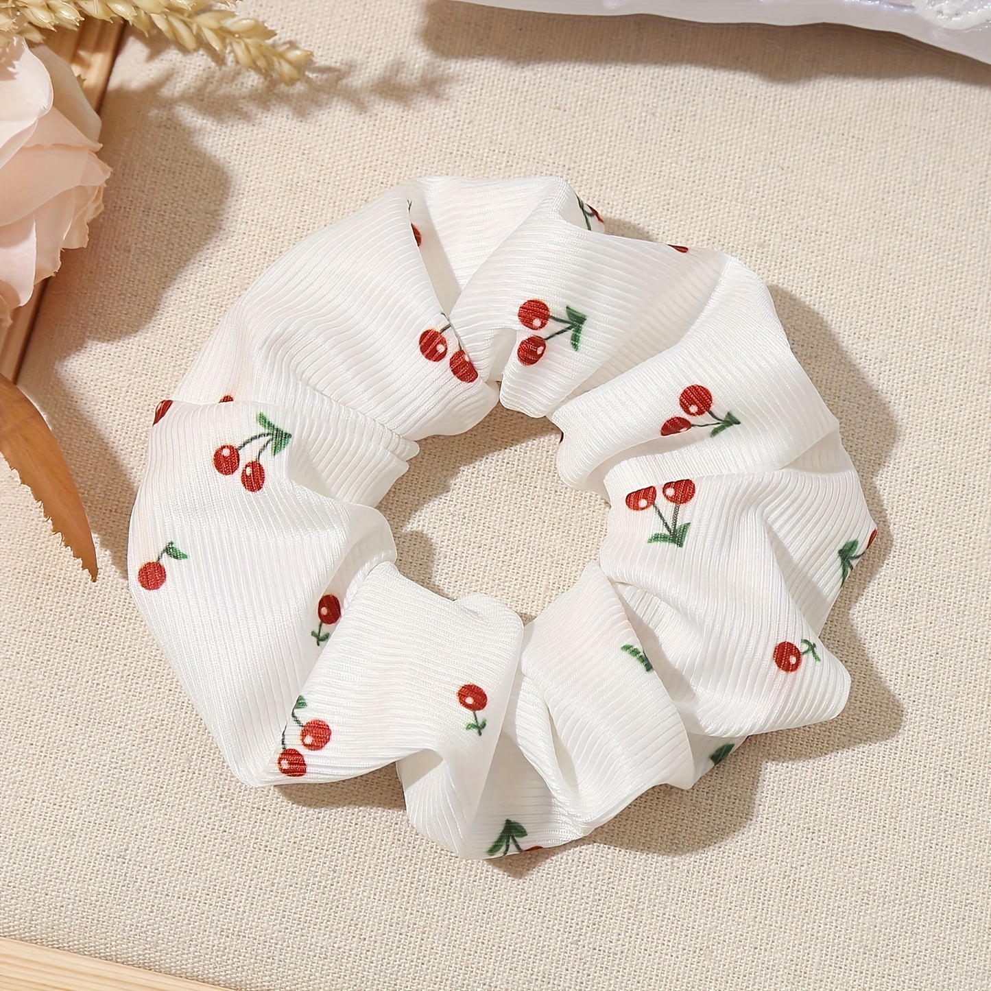 Pack of 3 Women's Cloth Hair Rings - Cute Minimalist Style Cherry Print Hair Ring - Elastic Hair Ring for Ponytails and Buns, Lovely Hair Accessory Essential for Women