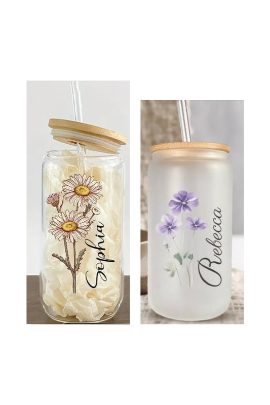 Handpainted Birth Flower & Name Petsonalised Custom Glass Tumbler | Iced Coffee Tumbler | Water Tumbler With Straw | Glass Tumbler | Cup