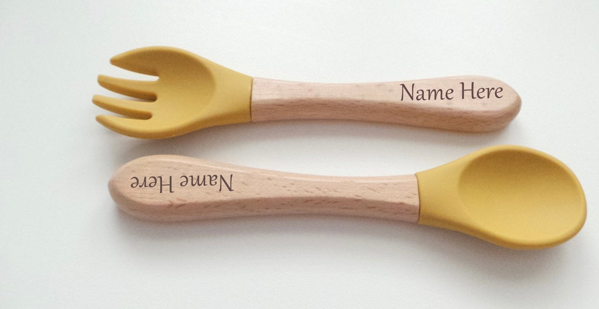 Personalised Weaning Cutlery Set | Baby Toddler Spoon and Fork Set | Baby Weaning | Weaning Gift Set | UK Made | Wood and Silicone |