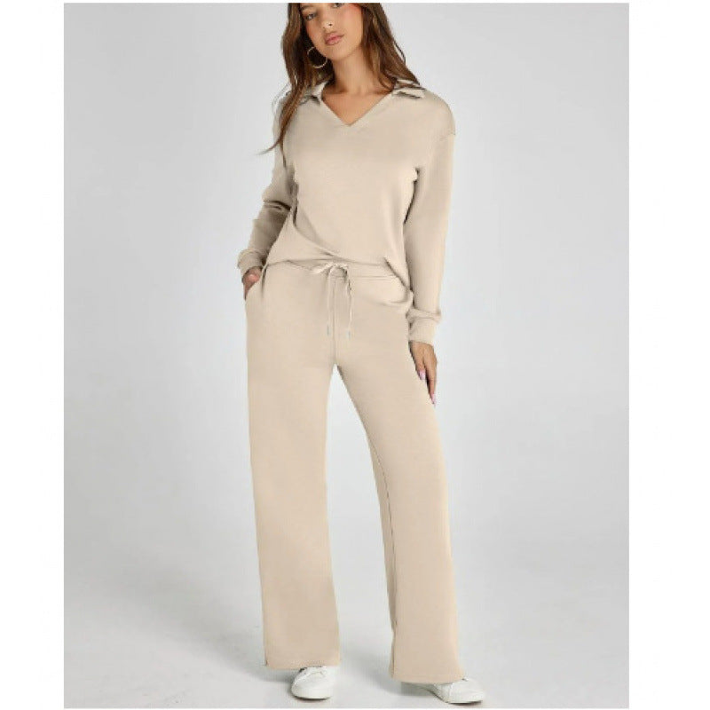 Comfy Warm Loungewear Set Two Piece Womens Leisure Wear Set Women's Tracksuit Sports Suit V-neck Long-sleeved Pullover Top And Drawstring Straight-leg Trousers Casual Solid Trousers Set