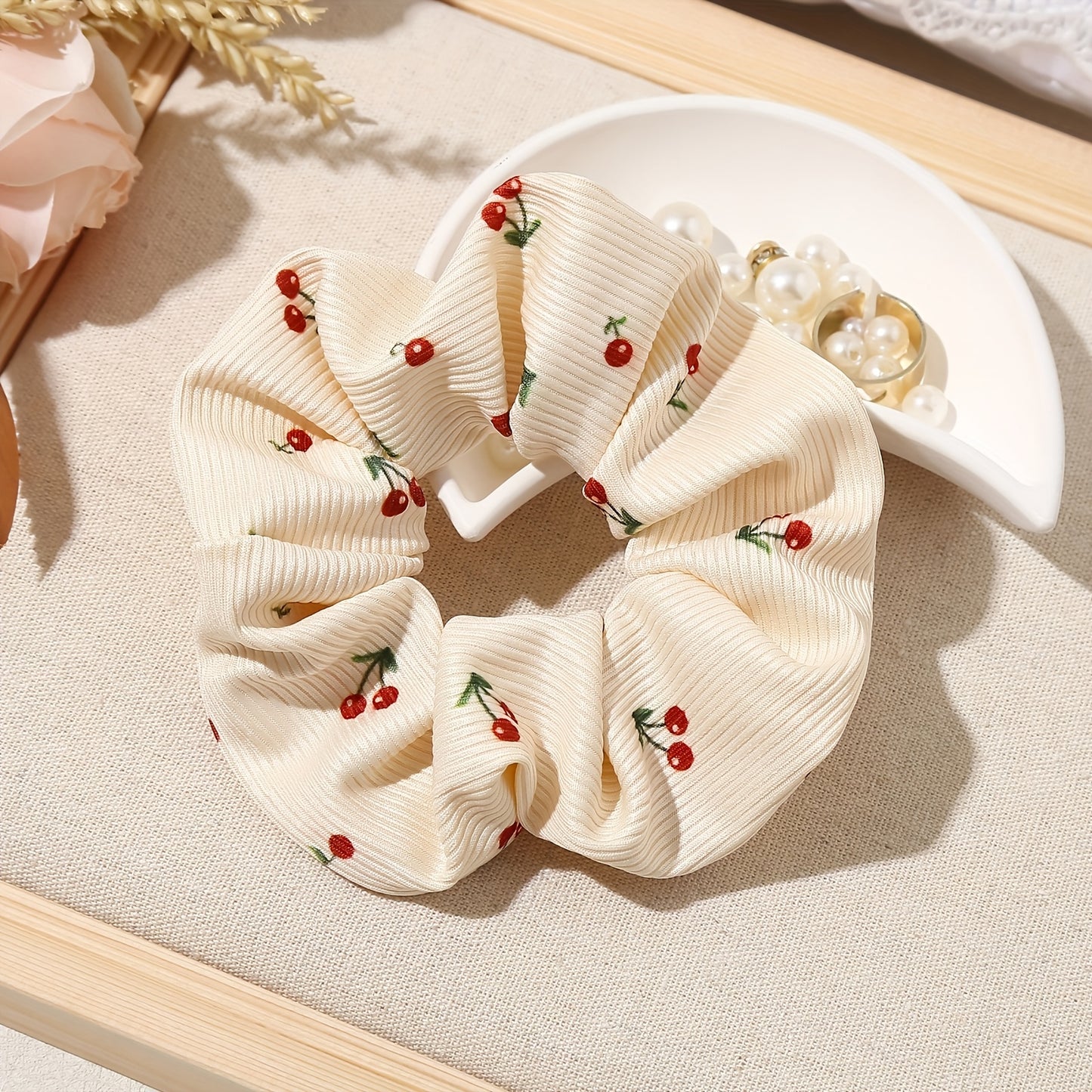Pack of 3 Women's Cloth Hair Rings - Cute Minimalist Style Cherry Print Hair Ring - Elastic Hair Ring for Ponytails and Buns, Lovely Hair Accessory Essential for Women