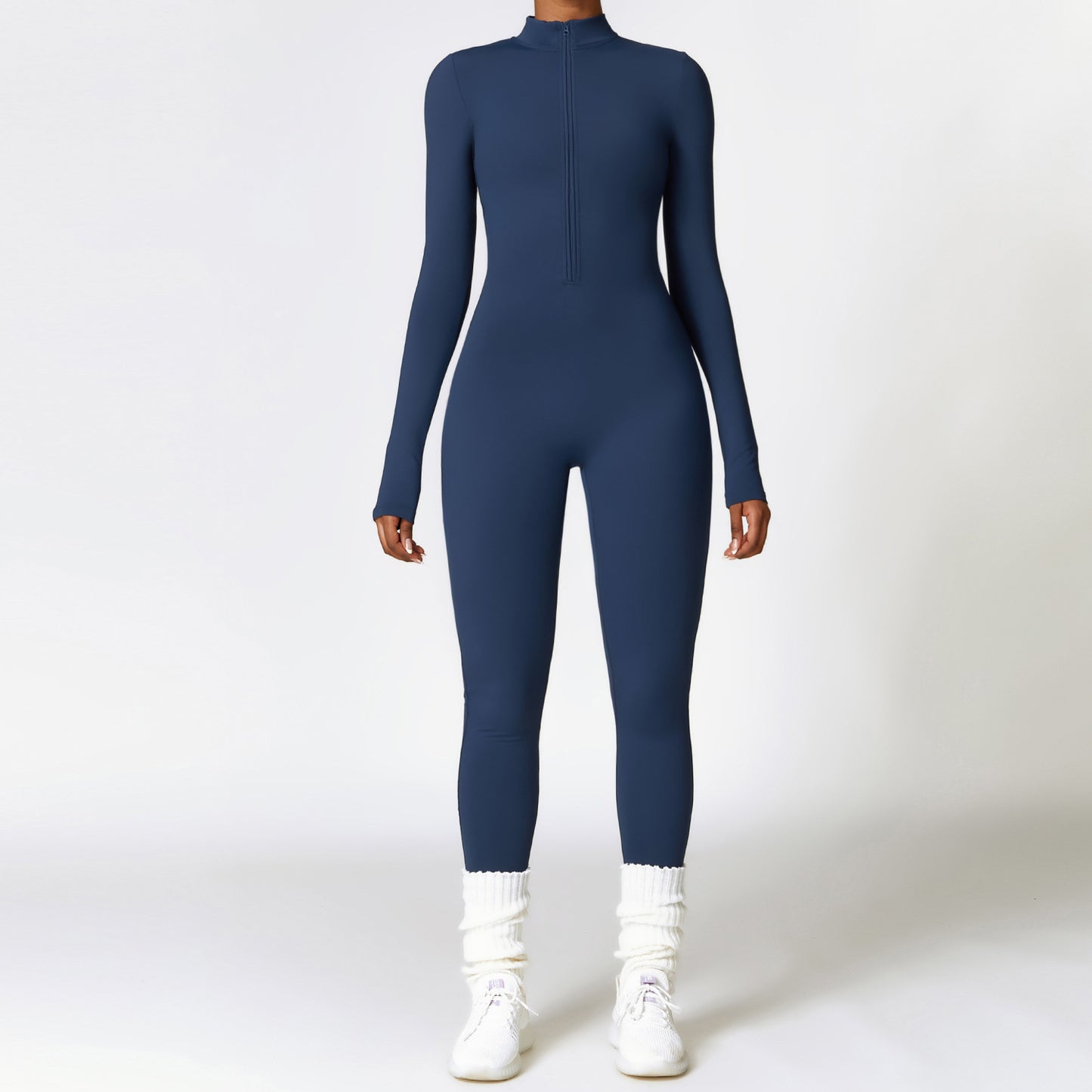 Women's Sporty Tight-Fit Long Sleeve Workout Jumpsuit, Plain Pattern, Fleece Lined, Half Zipper Design, Fall & Winter, Warm Sports Wear, Warm Jumpsuit, Winter Clothing, Winter Fleece-lined Yoga Jumpsuit Long Sleeve Warm
