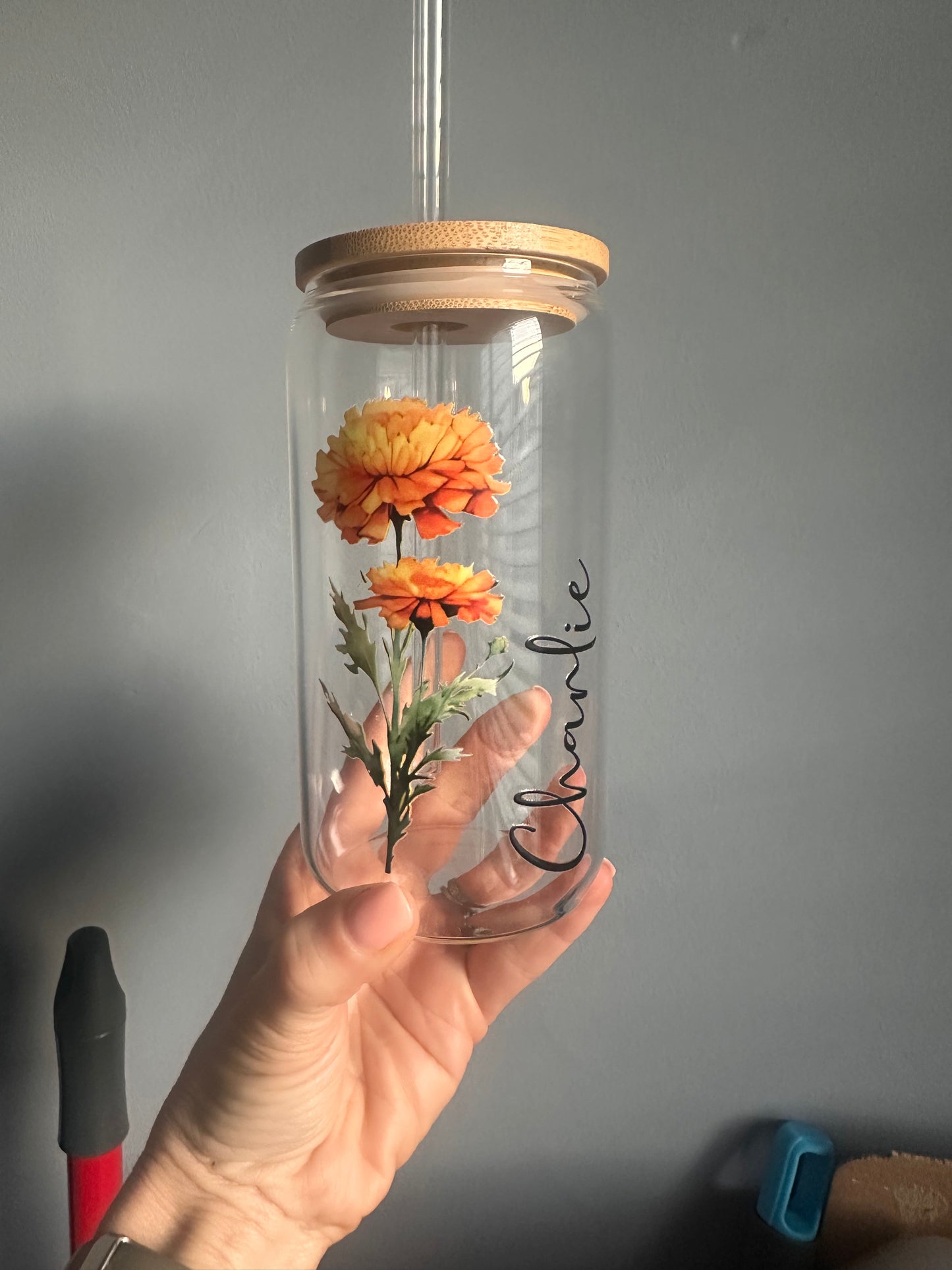 Handpainted Birth Flower & Name Petsonalised Custom Glass Tumbler | Iced Coffee Tumbler | Water Tumbler With Straw | Glass Tumbler | Cup