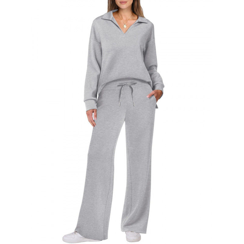 Comfy Warm Loungewear Set Two Piece Womens Leisure Wear Set Women's Tracksuit Sports Suit V-neck Long-sleeved Pullover Top And Drawstring Straight-leg Trousers Casual Solid Trousers Set