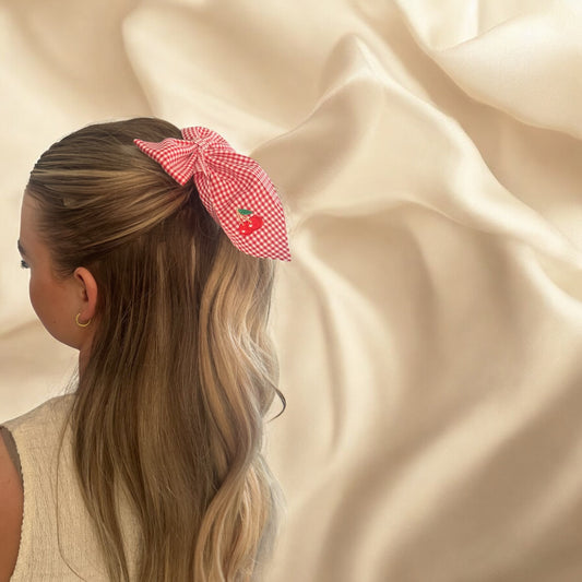 2 Pack Girls Strawberry & Cherry Oversized Bow Hair Clips for Girls Handmade Embroidered Cherry and Strawberry Bow Hair Barrettes Bow Hair Accessories for Girls