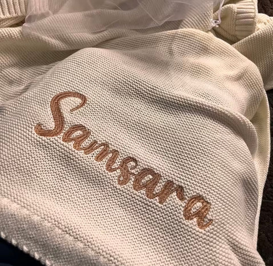 Beautiful Handmade Personalised Knitted Baby Blanket Organic Cotton and Soft Bamboo Material For a Snuggly Cosy Feel. Baby Gift Baby Shower