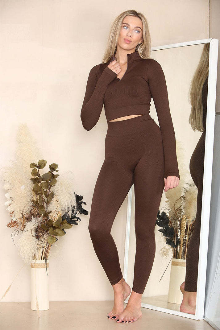 Ribbed Tracksuit Two Piece Set With Half Zip Detail Gym Loungewear Winter Yoga Pilates Long Sleeve Gym Set