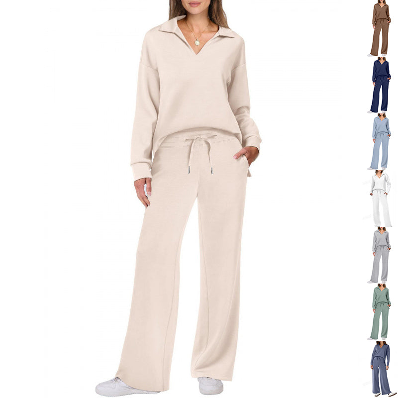 Comfy Warm Loungewear Set Two Piece Womens Leisure Wear Set Women's Tracksuit Sports Suit V-neck Long-sleeved Pullover Top And Drawstring Straight-leg Trousers Casual Solid Trousers Set