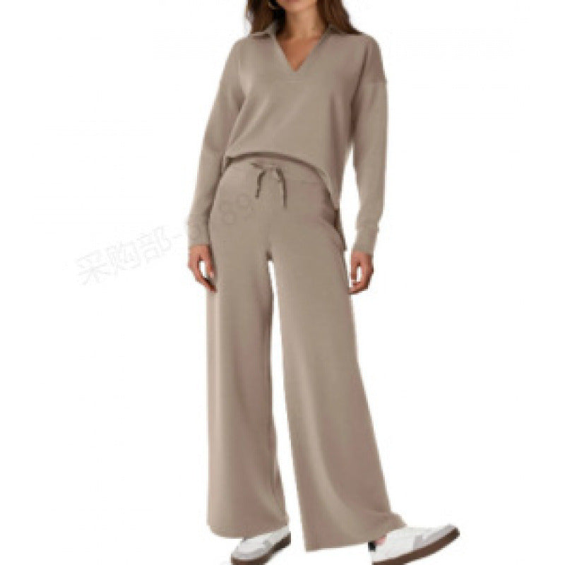 Comfy Warm Loungewear Set Two Piece Womens Leisure Wear Set Women's Tracksuit Sports Suit V-neck Long-sleeved Pullover Top And Drawstring Straight-leg Trousers Casual Solid Trousers Set