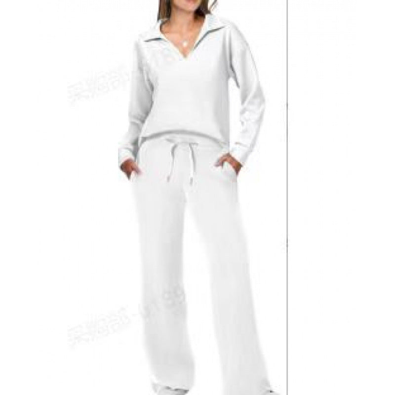 Comfy Warm Loungewear Set Two Piece Womens Leisure Wear Set Women's Tracksuit Sports Suit V-neck Long-sleeved Pullover Top And Drawstring Straight-leg Trousers Casual Solid Trousers Set