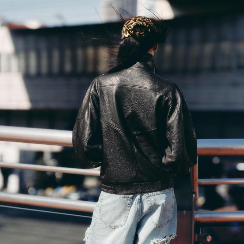 Faux Leather Stand Collar Oversized Moto Jacket, Viral,  Elastic Hem, Funnel Neck, Streetwear, Casual Long Sleeve Water - and - Wind Resistant Outerwear for Spring & Fall, Ladies Clothes for Daily Wear, Chic Outerwear