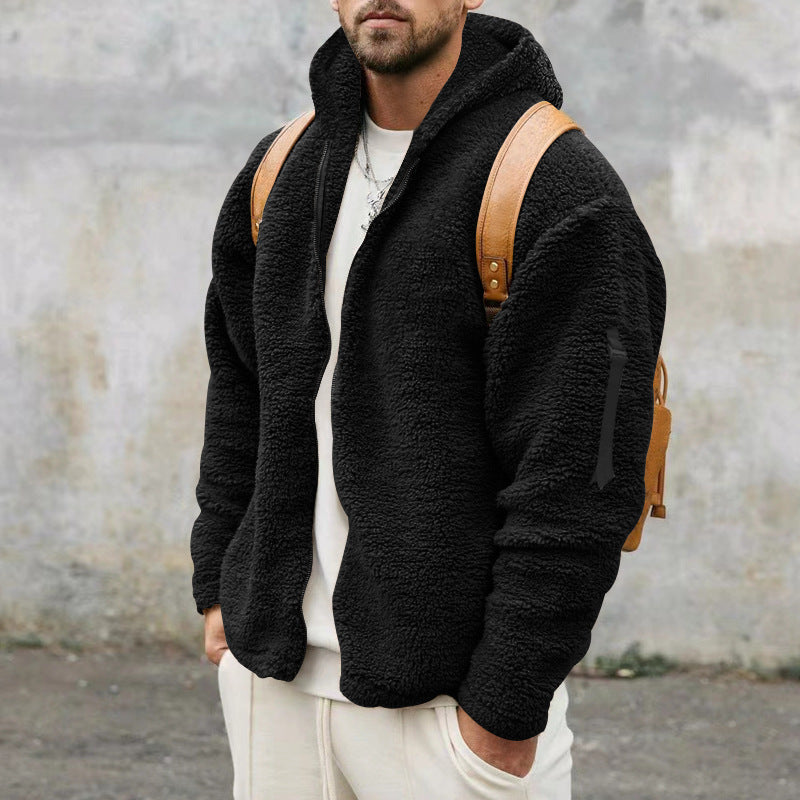 Mens Warm Fleece Plush Hooded Jacket Men's Autumn And Winter Fleece Double-sided Wear Warm Coat With Zipper Loose Casual Jacket Outdoor Clothing