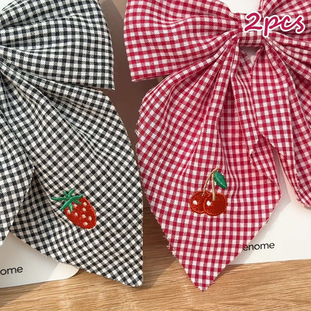 2 Pack Girls Strawberry & Cherry Oversized Bow Hair Clips for Girls Handmade Embroidered Cherry and Strawberry Bow Hair Barrettes Bow Hair Accessories for Girls
