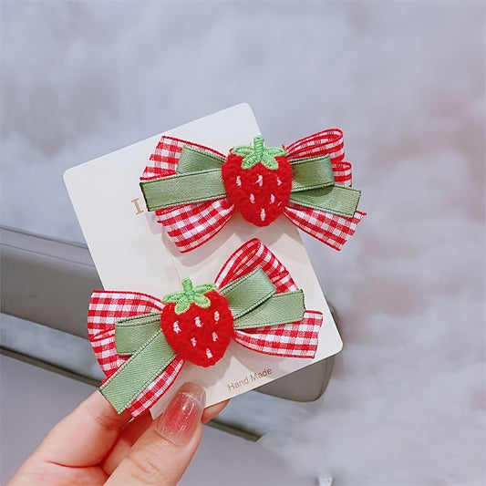 Set of 2 lovely strawberry or cherry bow hair clips handmade, suitable for ages 3-adult