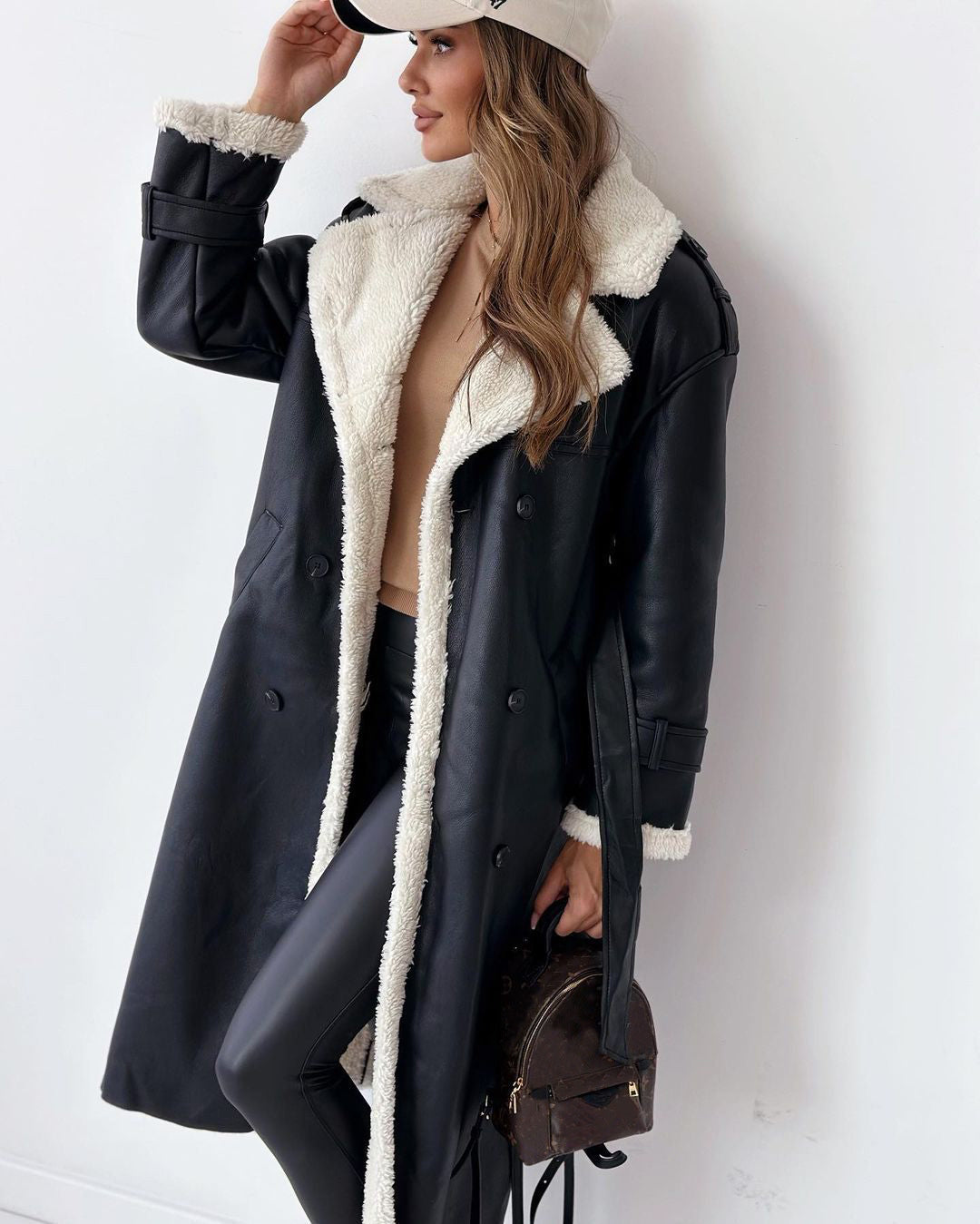 Womens Solid Colour Belted Drop Shoulder Faux Fur Jackset, Casual Long Sleeve, Lapel Neckline, Sheepskin Coat, Longline, Ladies Clothes, Warm, Trenchcoat  Double Breasted Lapel Windbreaker Women's Long Trench Coat Mid-length Overcoat Clothing