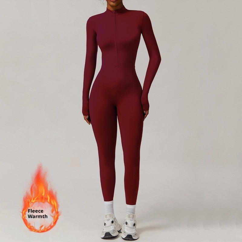 Women's Sporty Tight-Fit Long Sleeve Workout Jumpsuit, Plain Pattern, Fleece Lined, Half Zipper Design, Fall & Winter, Warm Sports Wear, Warm Jumpsuit, Winter Clothing, Winter Fleece-lined Yoga Jumpsuit Long Sleeve Warm