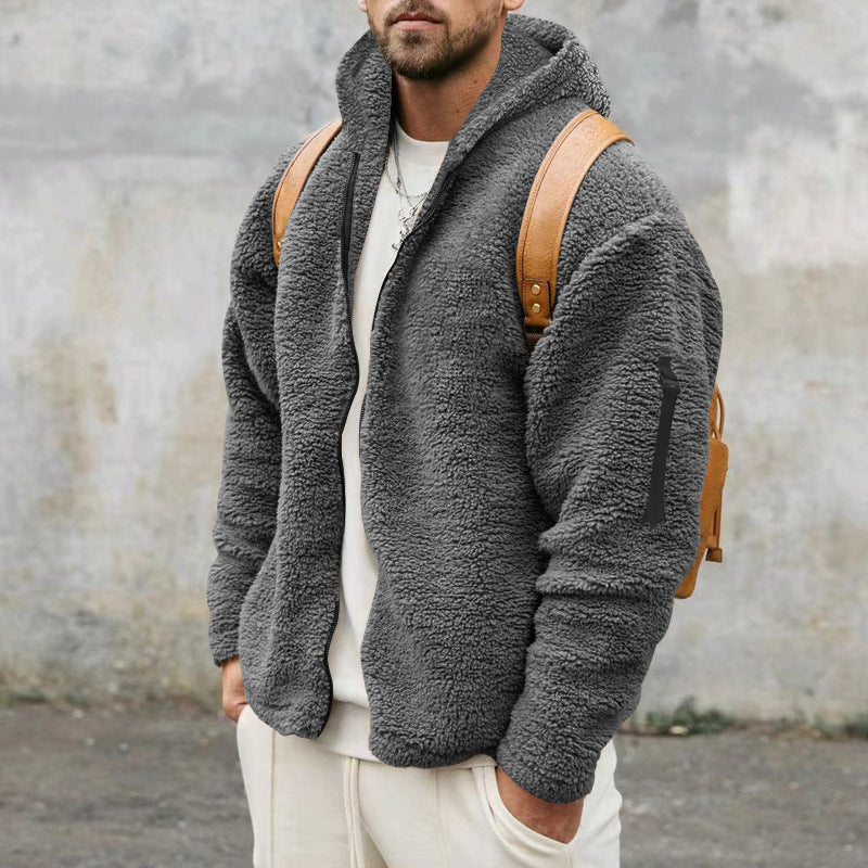 Mens Warm Fleece Plush Hooded Jacket Men's Autumn And Winter Fleece Double-sided Wear Warm Coat With Zipper Loose Casual Jacket Outdoor Clothing