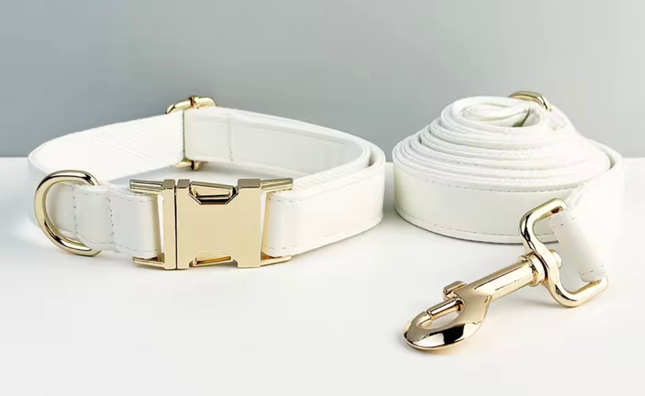 White Faux Leather Wedding Dog Collar & Lead Set Wedding Dog Harness  Engraved Metal Clasp. Personalised. Dog Wedding Bow. Dog Wedding Guest