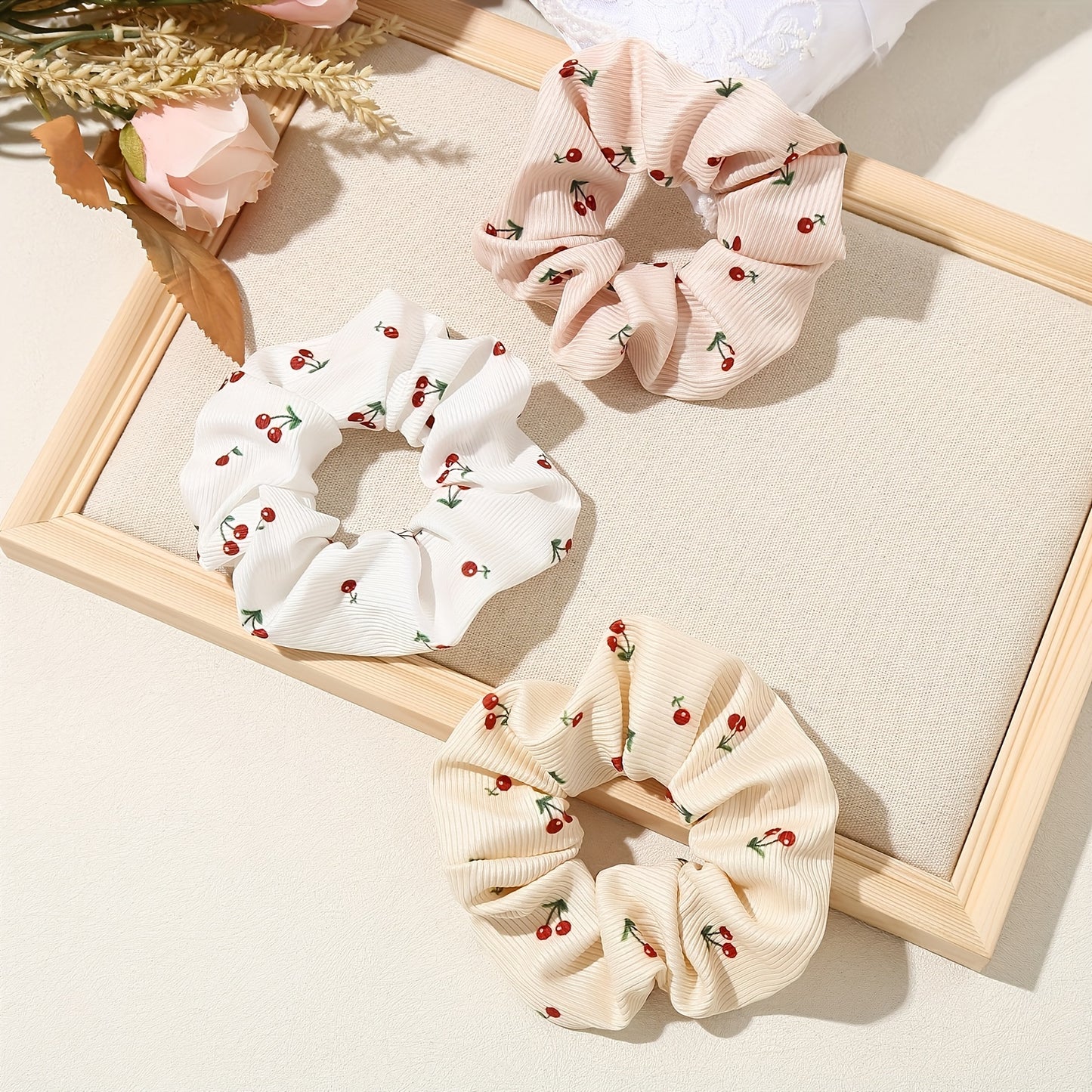 Pack of 3 Women's Cloth Hair Rings - Cute Minimalist Style Cherry Print Hair Ring - Elastic Hair Ring for Ponytails and Buns, Lovely Hair Accessory Essential for Women