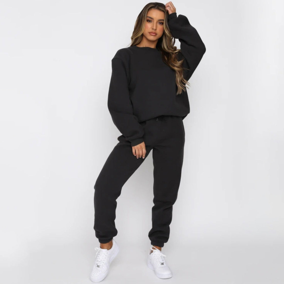 Cosy Sweater & Joggers Set, Leisure Wear, Loungewear, Comfy, Comfort Solid Color Round Neck Pullover, Long Pants And Long Sleeve Hoodie Set