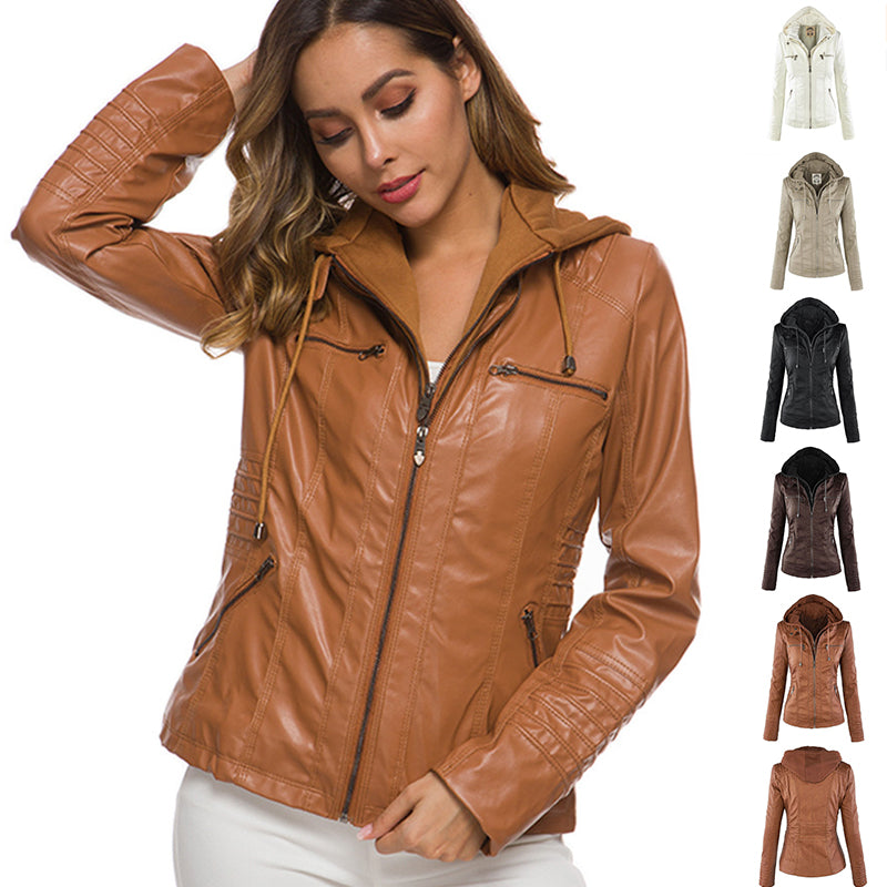 Women's Viral On Trend Faux Leather Hooded Biker Jacket Fashion Detachable Hooded Jacket With Pockets Casual Solid Color Zipper Long Sleeve Leather Coat Autumn Winter Women's Clothing