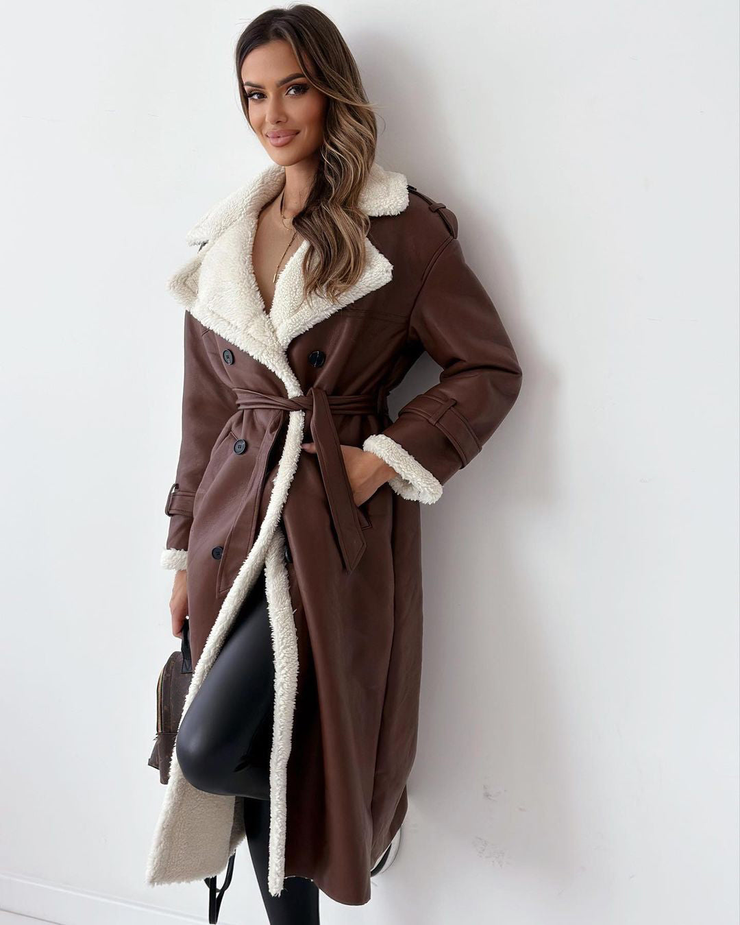 Womens Solid Colour Belted Drop Shoulder Faux Fur Jackset, Casual Long Sleeve, Lapel Neckline, Sheepskin Coat, Longline, Ladies Clothes, Warm, Trenchcoat  Double Breasted Lapel Windbreaker Women's Long Trench Coat Mid-length Overcoat Clothing