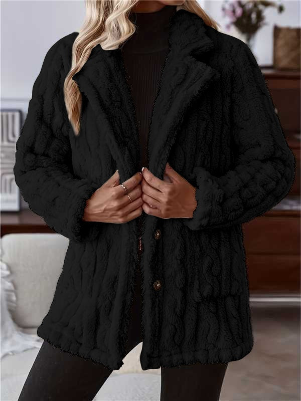 Women's Warm Cosy Fuzzy Fleece Coat Jacket Double-sided Plush Water Ripple Button Cardigan Pocket Lapel Casual Top Jacket