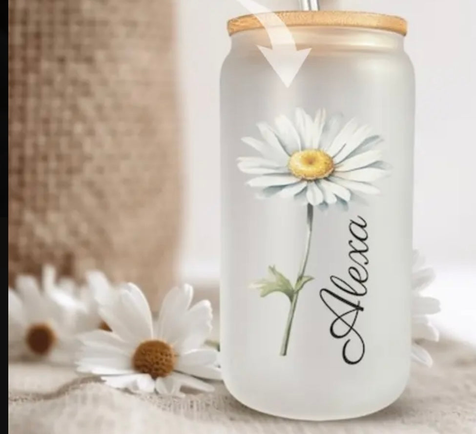 Handpainted Birth Flower & Name Petsonalised Custom Glass Tumbler | Iced Coffee Tumbler | Water Tumbler With Straw | Glass Tumbler | Cup