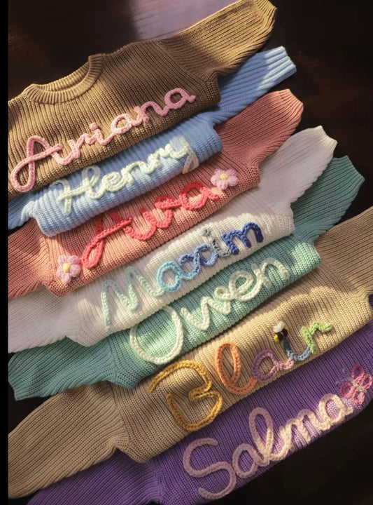 Handmade Knitted Personalised Kids Jumper Embroidered Knitted Jumper Children’s Knitted Jumper Embroidered Name Personalised Boys and Girls