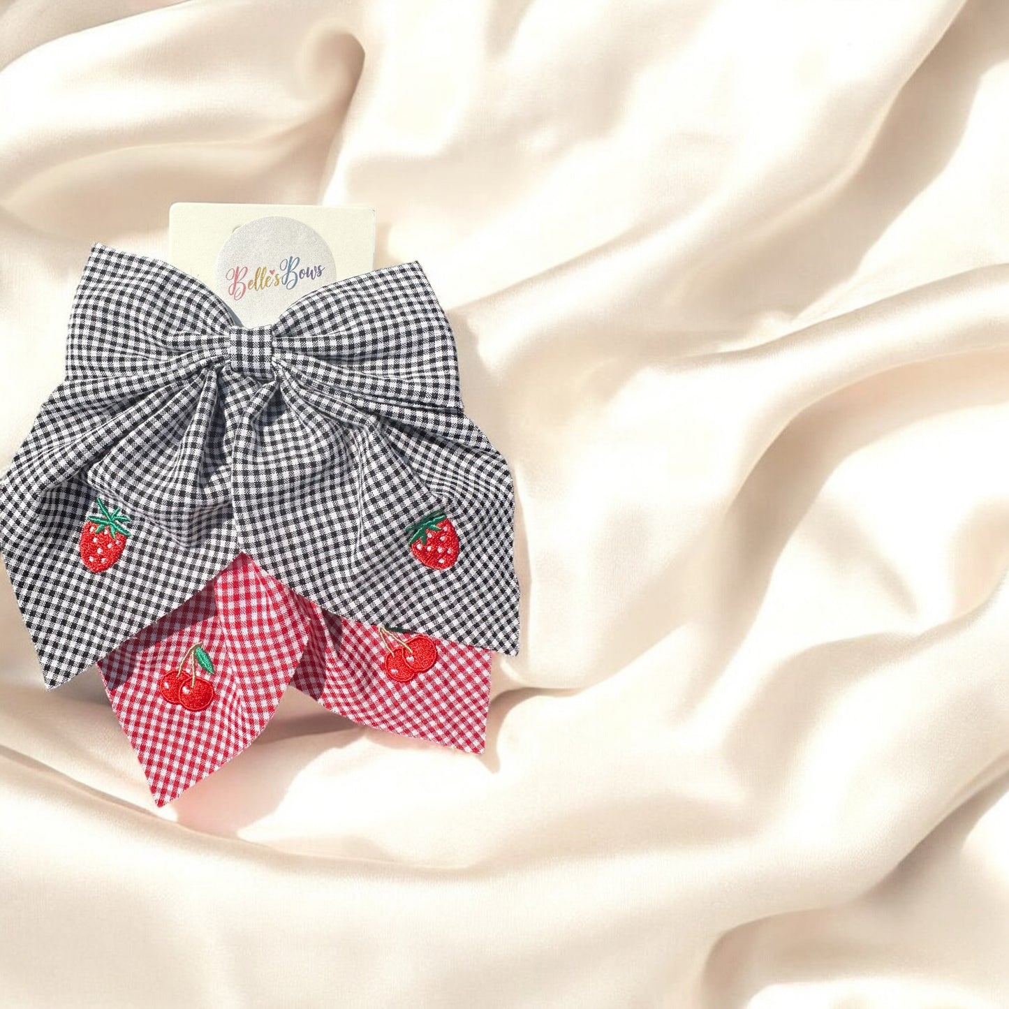 2 Pack Girls Strawberry & Cherry Oversized Bow Hair Clips for Girls Handmade Embroidered Cherry and Strawberry Bow Hair Barrettes Bow Hair Accessories for Girls