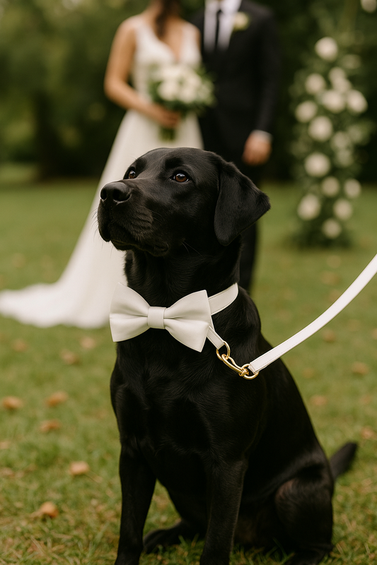 White Faux Leather Wedding Dog Collar & Lead Set Wedding Dog Harness  Engraved Metal Clasp. Personalised. Dog Wedding Bow. Dog Wedding Guest