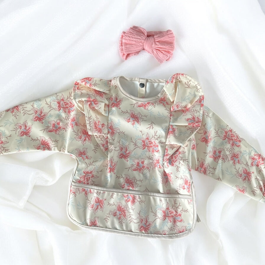 Baby Soft Waterproof Bib Long Sleeves With Cute Matching Bow Headband Little Boy Girl Painting Smock Child Meal Eating Apron with Long Sleeves Kid Adjustable Feeding Bibs