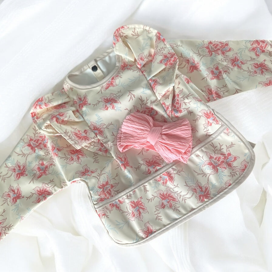 Baby Soft Waterproof Bib Long Sleeves With Cute Matching Bow Headband Little Boy Girl Painting Smock Child Meal Eating Apron with Long Sleeves Kid Adjustable Feeding Bibs