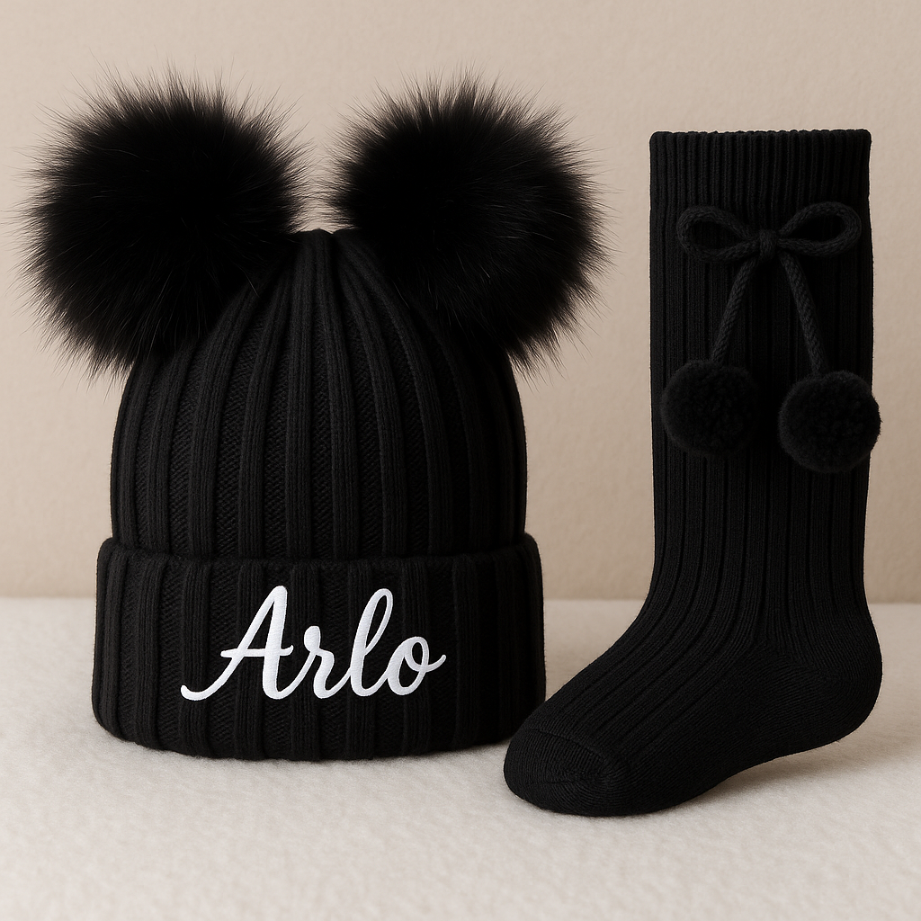 Personalised Double Pom Pom Winter Hat With Matching Double Pom Pom Socks