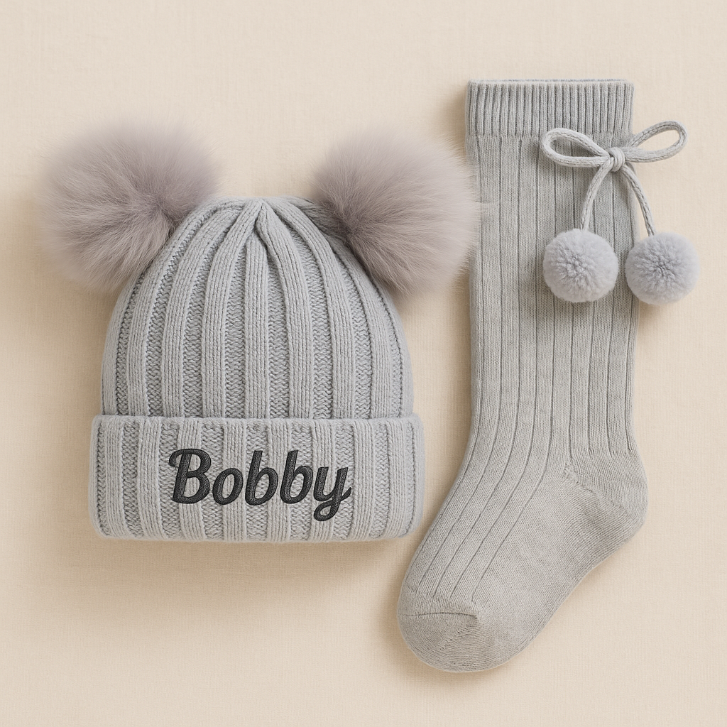 Personalised Double Pom Pom Winter Hat With Matching Double Pom Pom Socks