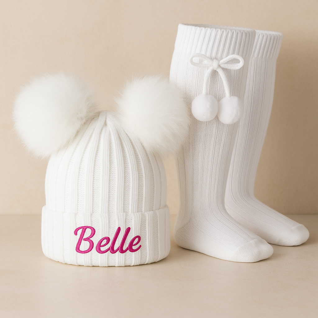 Personalised Double Pom Pom Winter Hat With Matching Double Pom Pom Socks