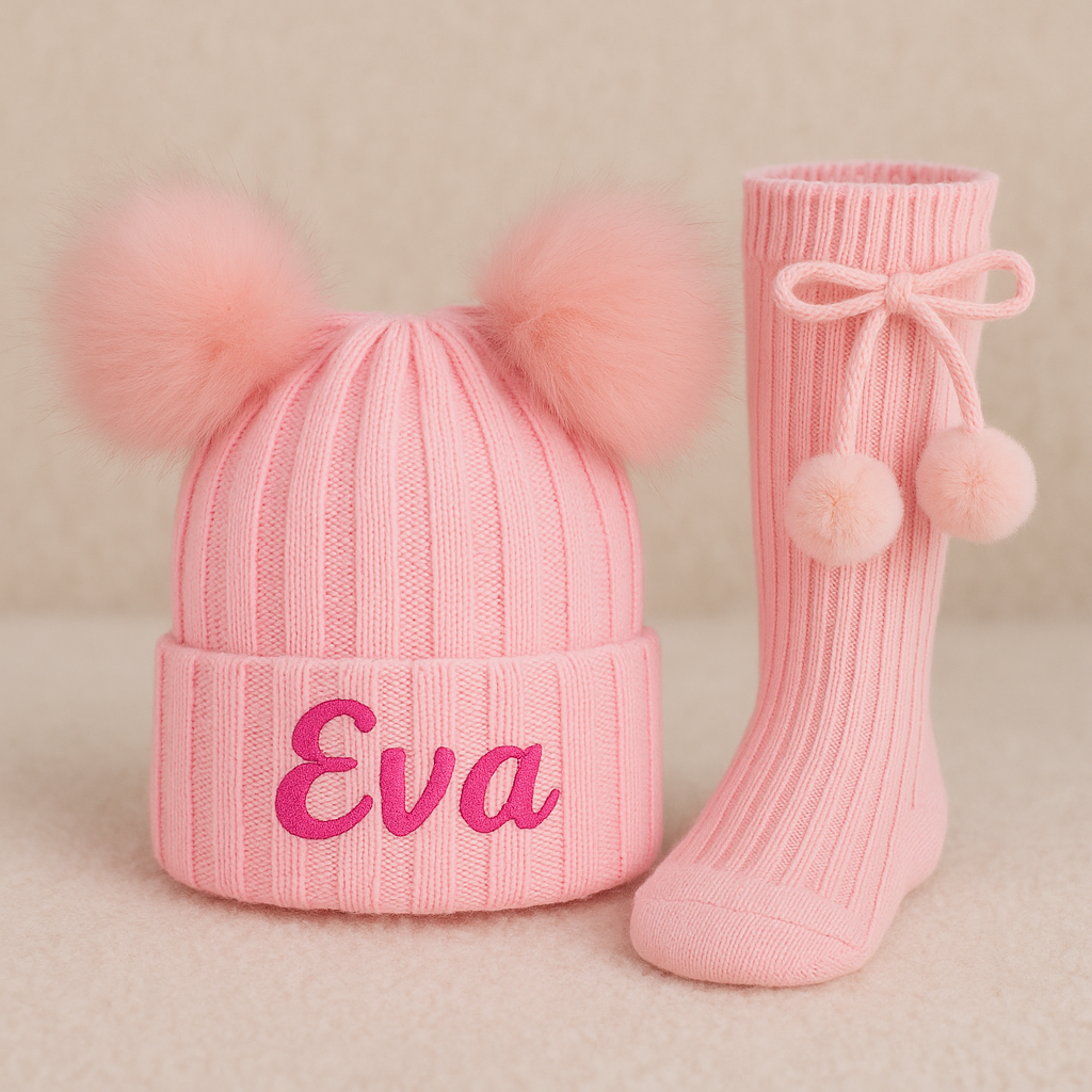 Personalised Double Pom Pom Winter Hat With Matching Double Pom Pom Socks