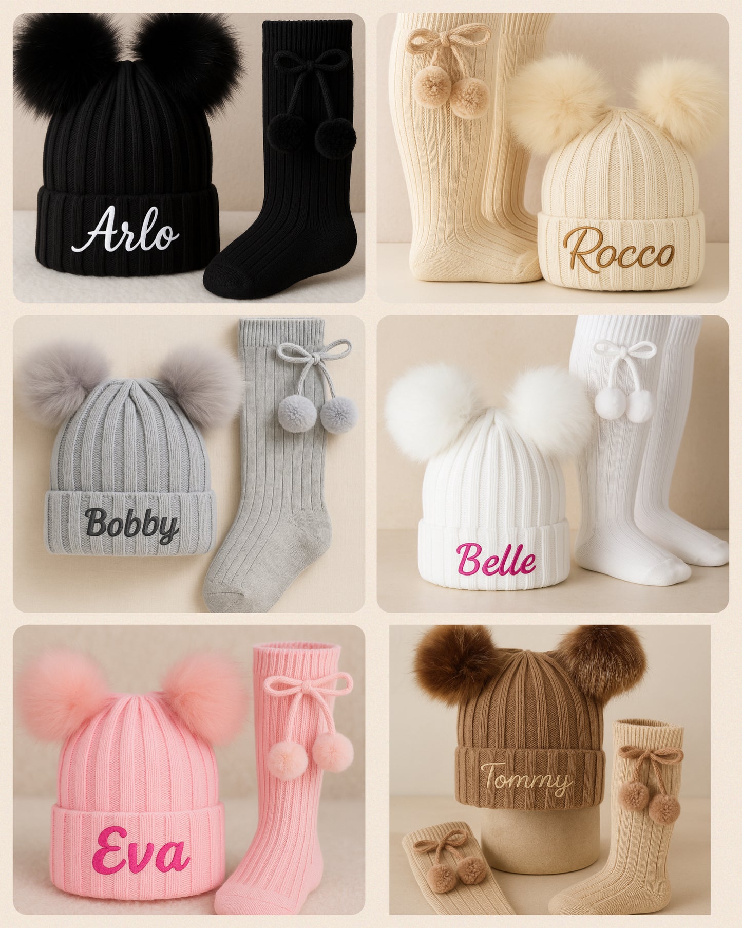 Personalised Double Pom Pom Winter Hat With Matching Double Pom Pom Socks