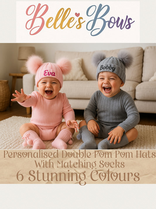 Personalised Double Pom Pom Winter Hat With Matching Double Pom Pom Socks